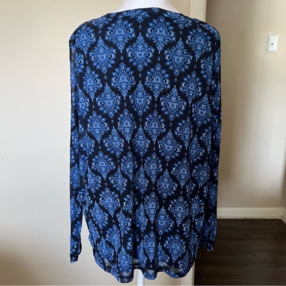 PLUS - TERRA & SKY Blue Pattern Chic Mesh Crewneck Top NWT - Picture 12 of 13